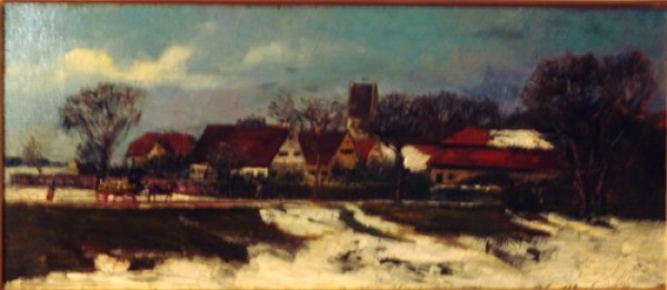 5f Roman Kochanowski, 1857 - 1945, "Pferdefuhrwerk vor  winterlichem Dorf", Öl/Ktn, 21,5 x 48,5 cm