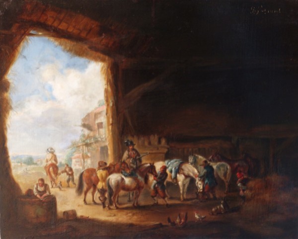 zs2   George Adam Schmidt, 1791-1844,, Nachfolge Wouwerman, "In der Scheune", Öl/Holz, 30 x 38,5 cm