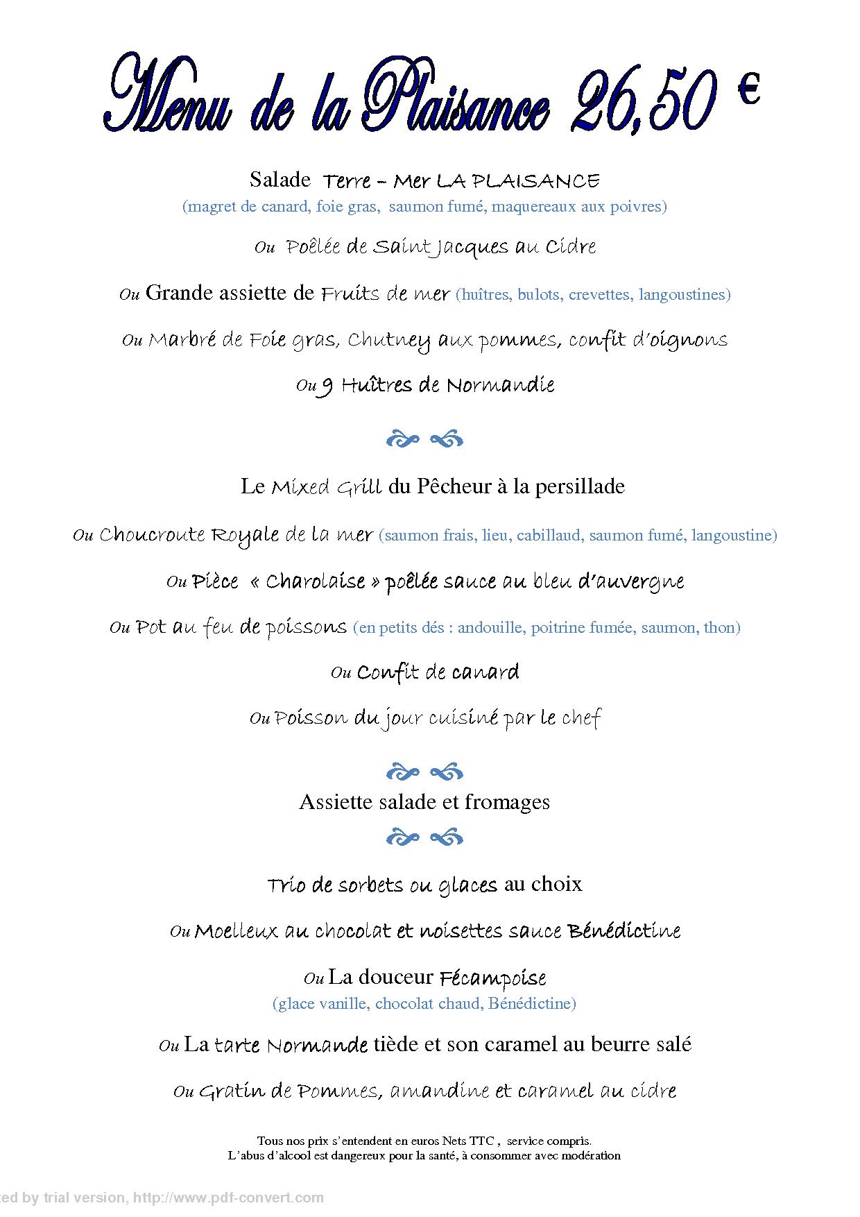 Menu 26,50 € du restaurant la plaisance Fécamp
