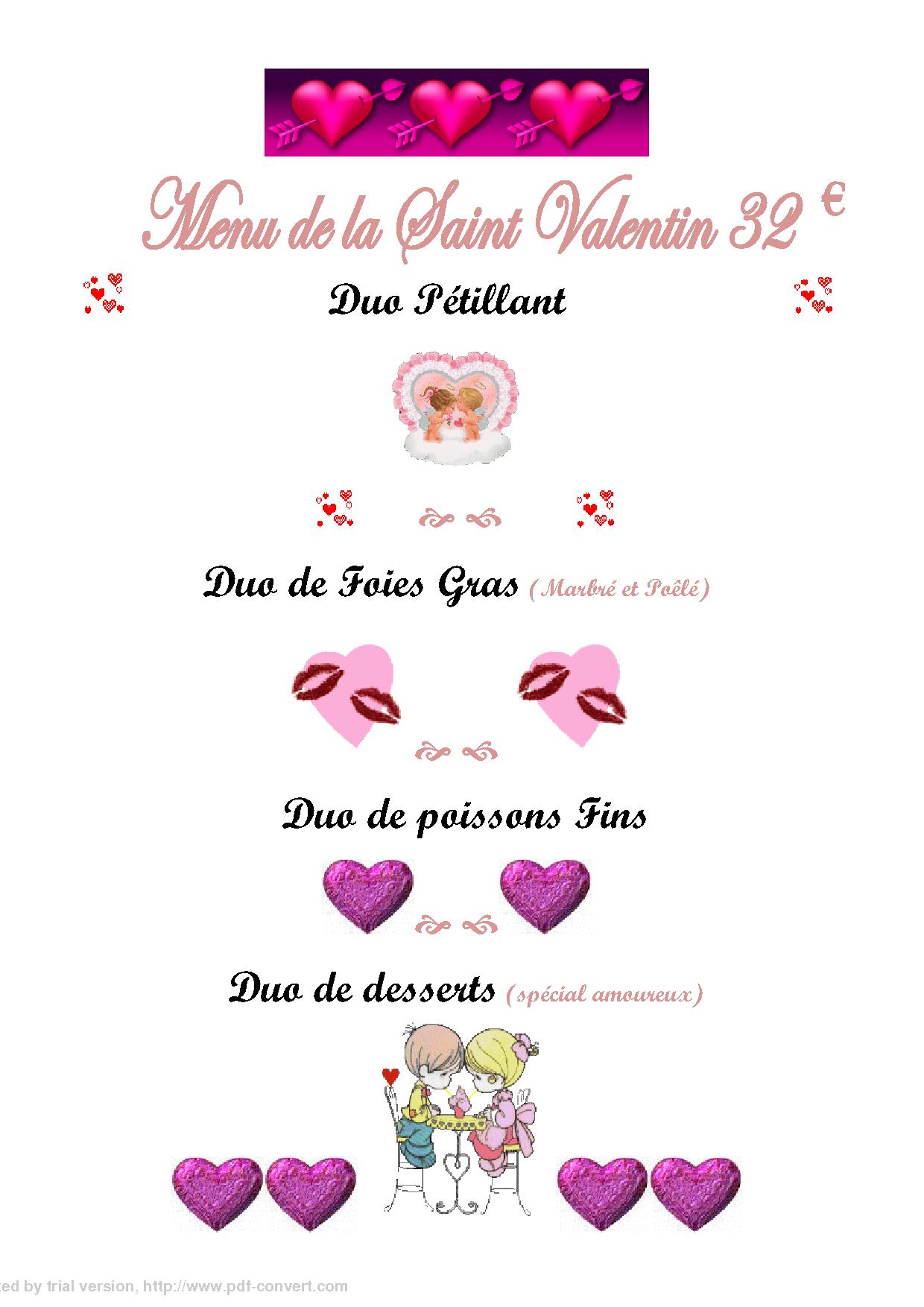 menu ST VALENTIN du restaurant la Plaisance