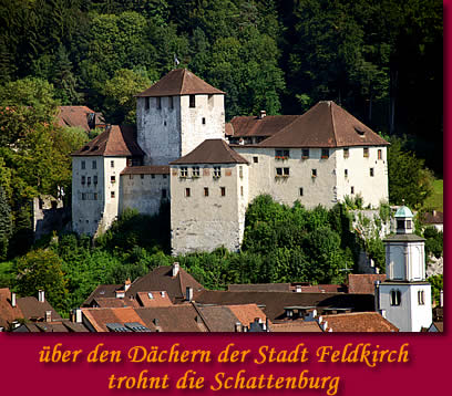 &Uuml;ber den D&auml;chern der Stadt Feldkirch trohnt die Schattenburg. Over the rooftops of Feldkirch trohnt the Schattenburg.