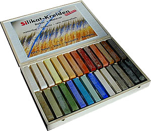Silikat Kreiden, 26 Farben in der Holzkiste