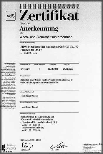 Mitteldeutscher Wachschutz Qualit�tsmanagement VdS BDWS Zertifikat