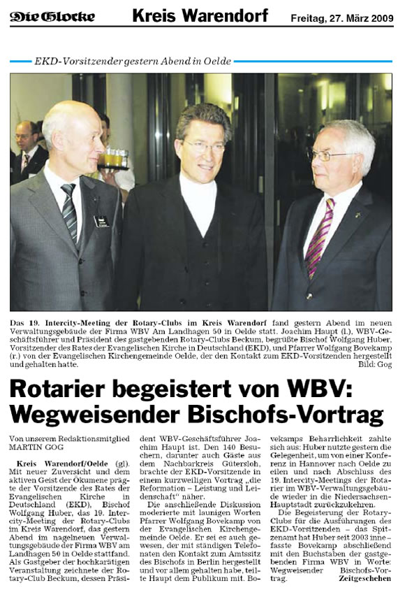 EKD - Vorsitzender in Oelde. Rotarier begeistert von WBV: Wegweisender Bischofs-Vortrag.