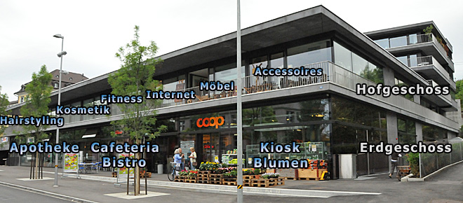 Zentrum Feldmeilen im Erdgeschoss und im Hofgeschoss - Apotheke Cafeteria Bistro Coop Kiosk Blumen Hairstyling Kosmetik Fitness Internet M&ouml;bel Accessoires