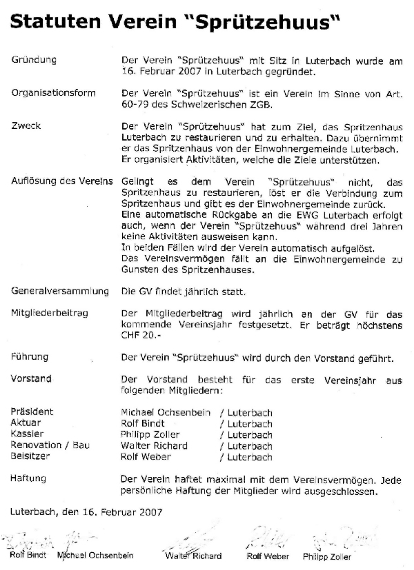 Statuten des VEREIN "Sprützehuus"