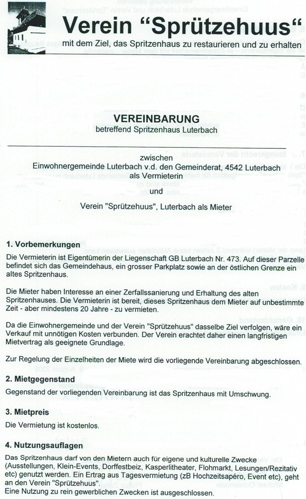 Vereinbarung (Mietvertrag) betreffend Spritzenhaus