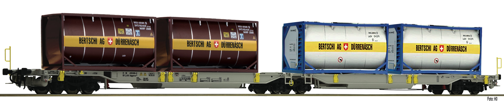 Fleischmann 825007, Spur N, AAE Doppeltaschen-Gelenkwagen T2000 mit Bertschi-Tankcontainern, Ep. VI