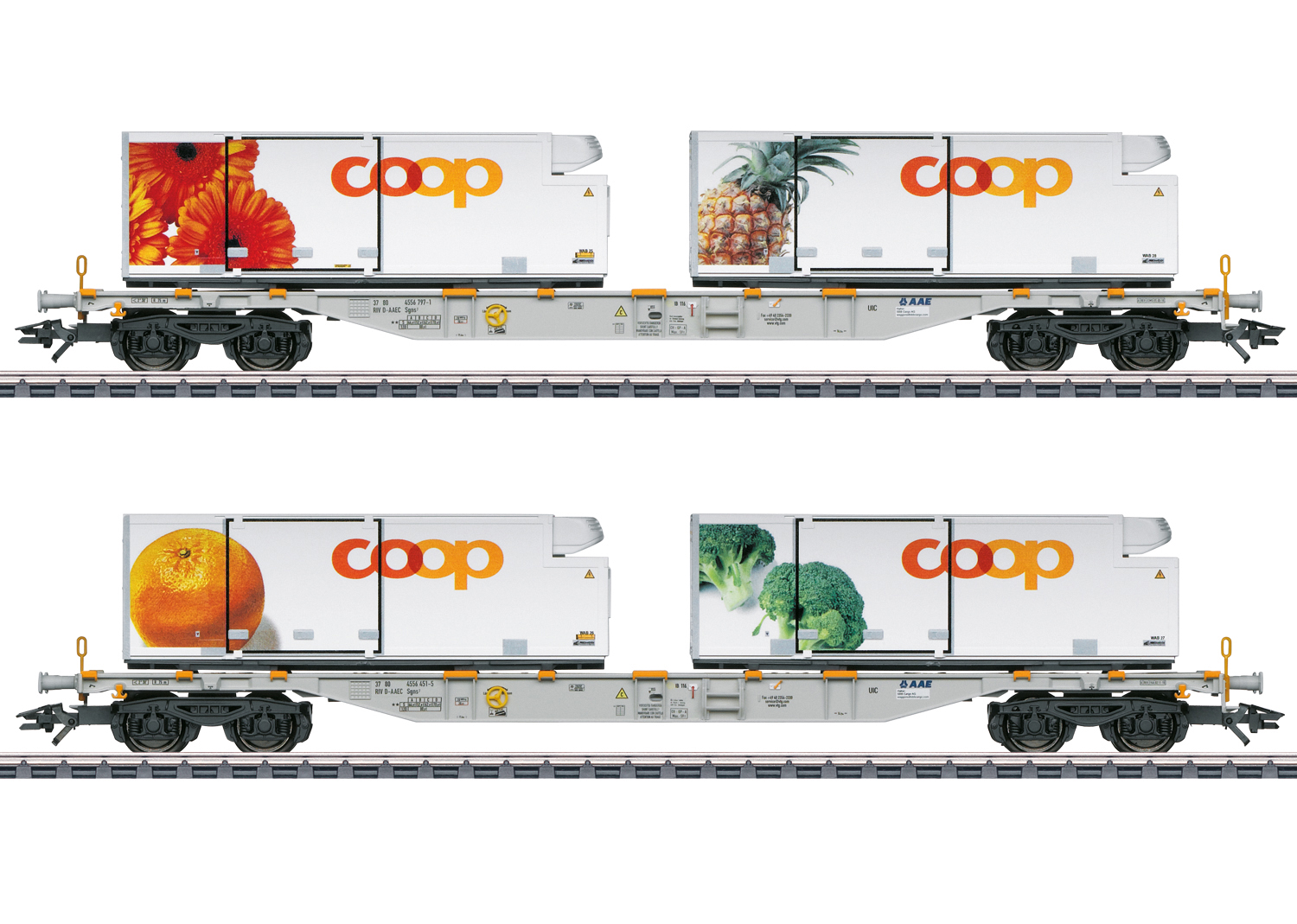 Märklin H0 47462, AAE Cargo AG, Containertragwagen-Set "Coop", 2x Sgns mit je 2 coop®-Kühlcontainern