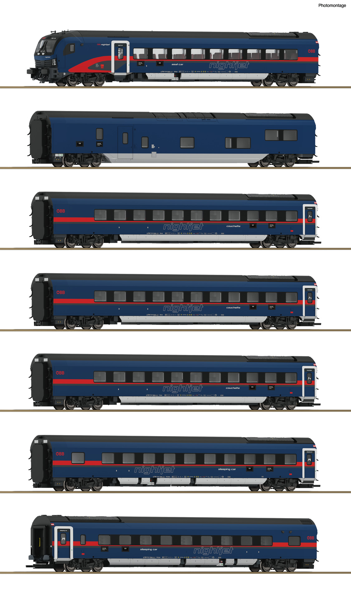 Roco 5510004, ÖBB Zugpackung "Nightjet", Ep. VI, 7-teilig, mit Innenbeleuchtung, DC, digital