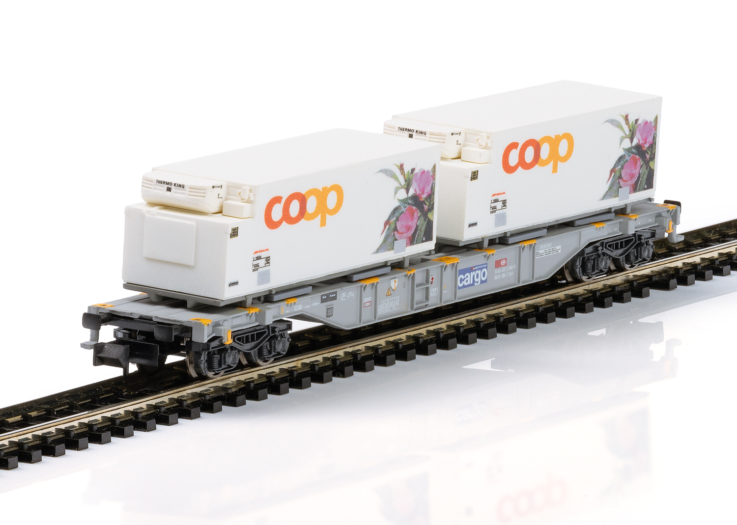 Minitrix 15494, SBB Cargo Containertragwagen "coop®" (rosa Blumen), Sgns, Ep. VI