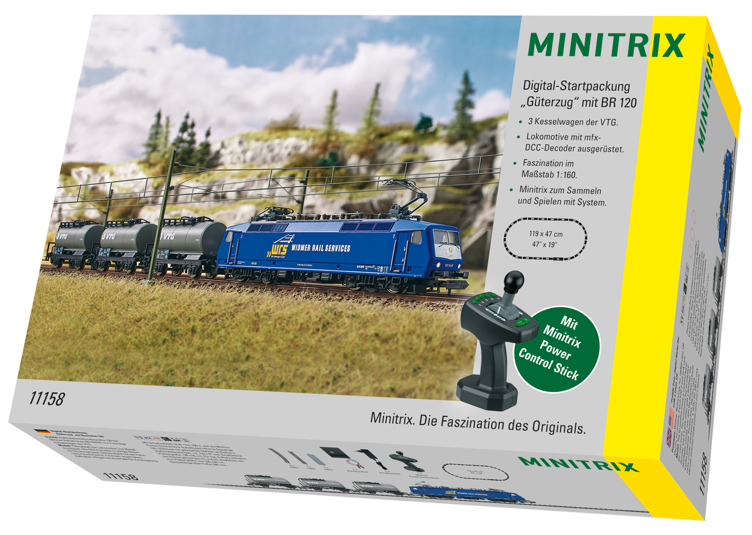 Minitrix 11158, Spur N, CH Digital-Startpackung "WRS Güterzug" mit Baureihe 120, digital (mfx)