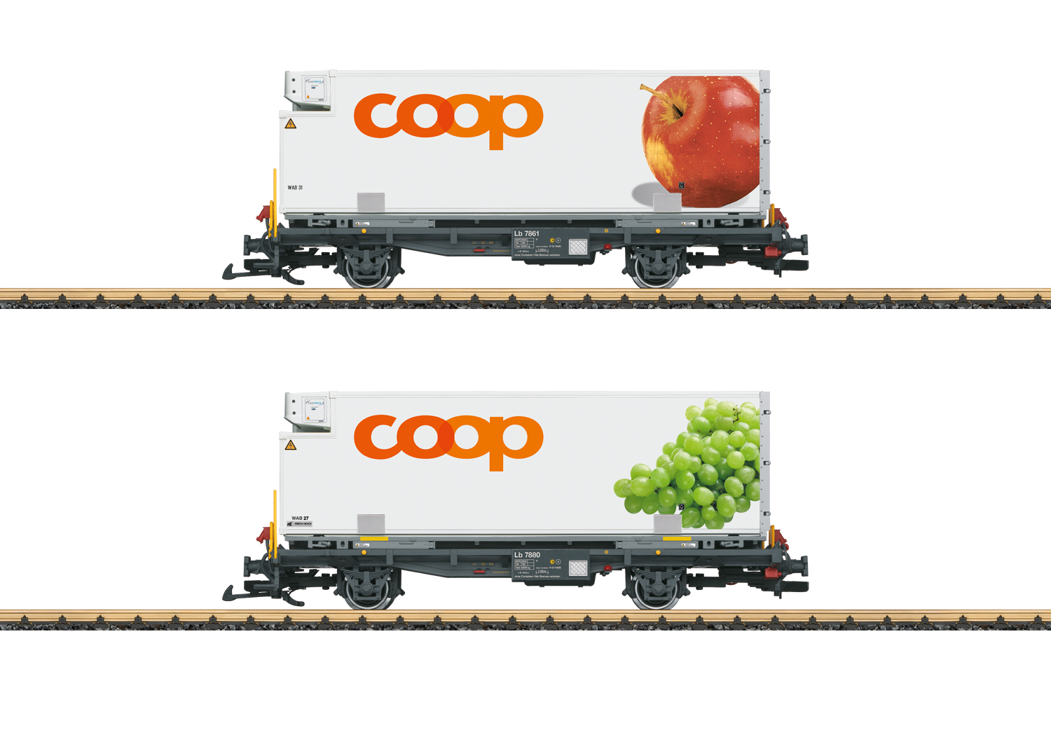 LGB L45887, RhB Containerwagen-Set "coop®" (Apfel & Trauben), 2-teilig, Ep. VI