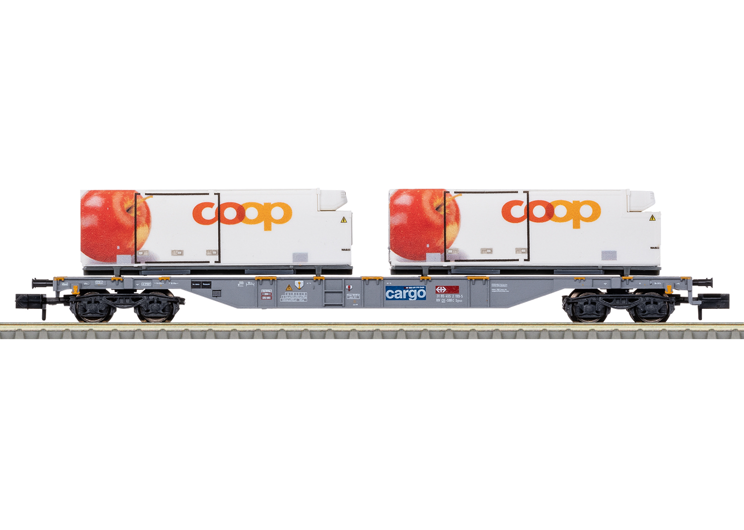 Minitrix N 15495, SBB Cargo Containertragwagen "coop®" (Äpfel), Sgns, Ep. VI