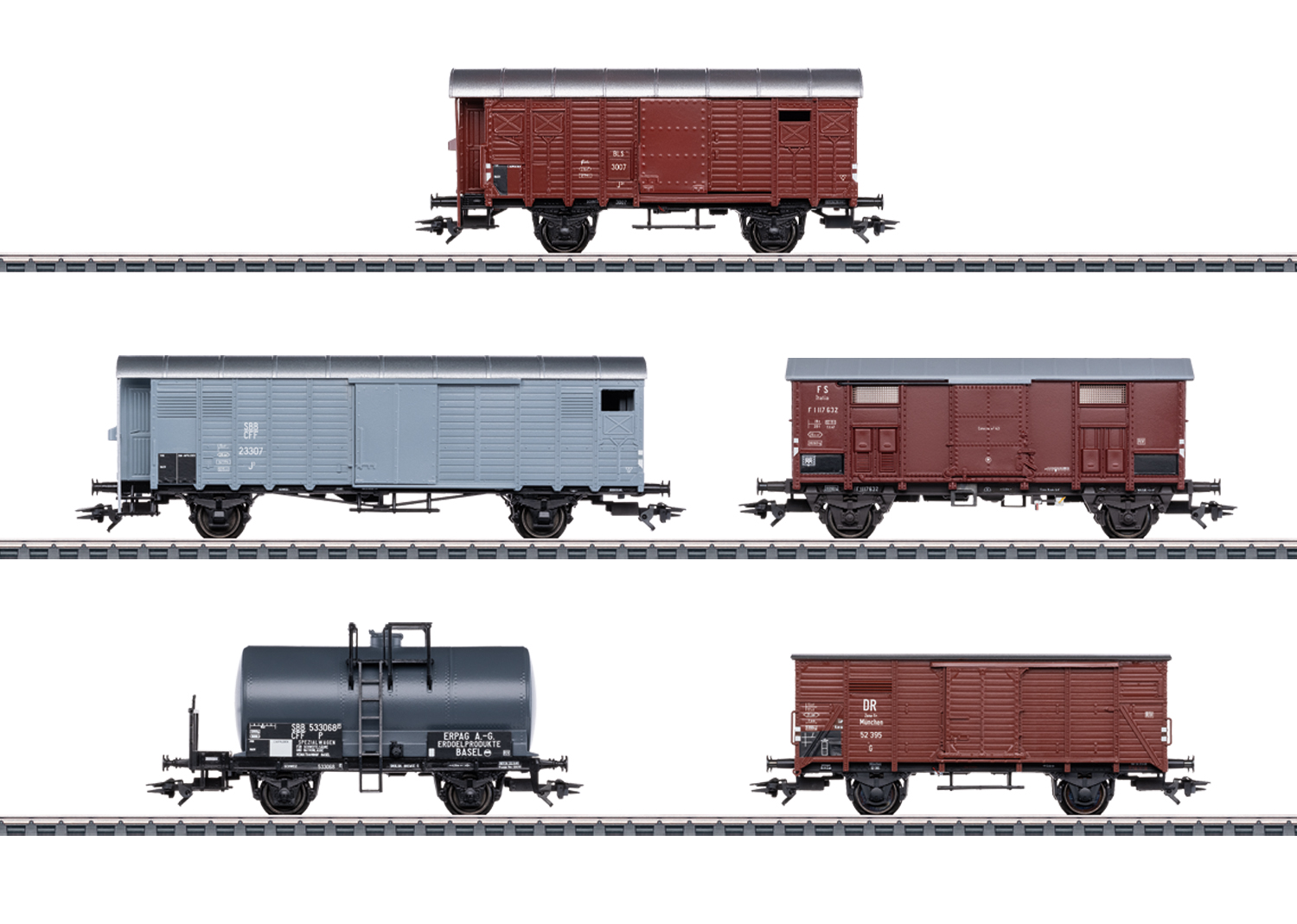 Märklin H0 46575, Güterwagen-Set zur Ae 6/8, 5-teilig (BLS J2d, SBB J3, FS F, DB G10), Ep. III