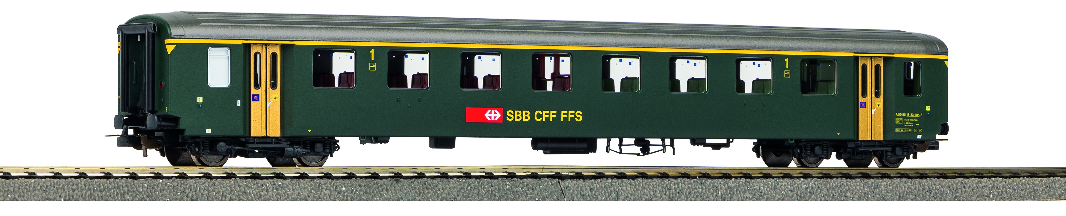 Piko H0 96777, SBB Personenwagen 405-9, 1. Klasse, EW I, neue Schrift, graues Dach, Ep. V, grün, DC