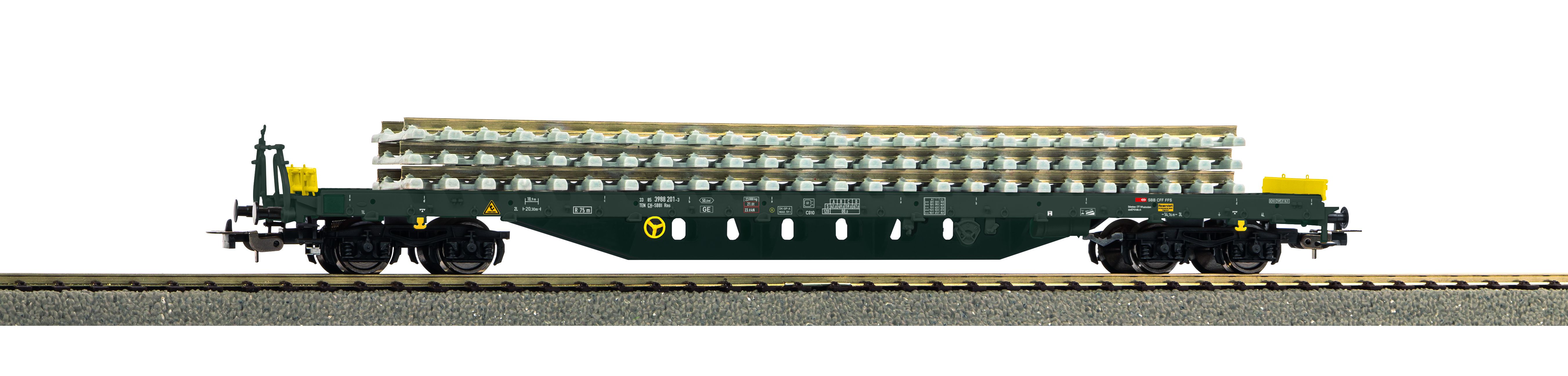 Piko H0 24547, SBB Flachwagen 201-63, Typ Rens, Beladung: Schienen & Schwellen, Ep. V-VI, DC-Achsen