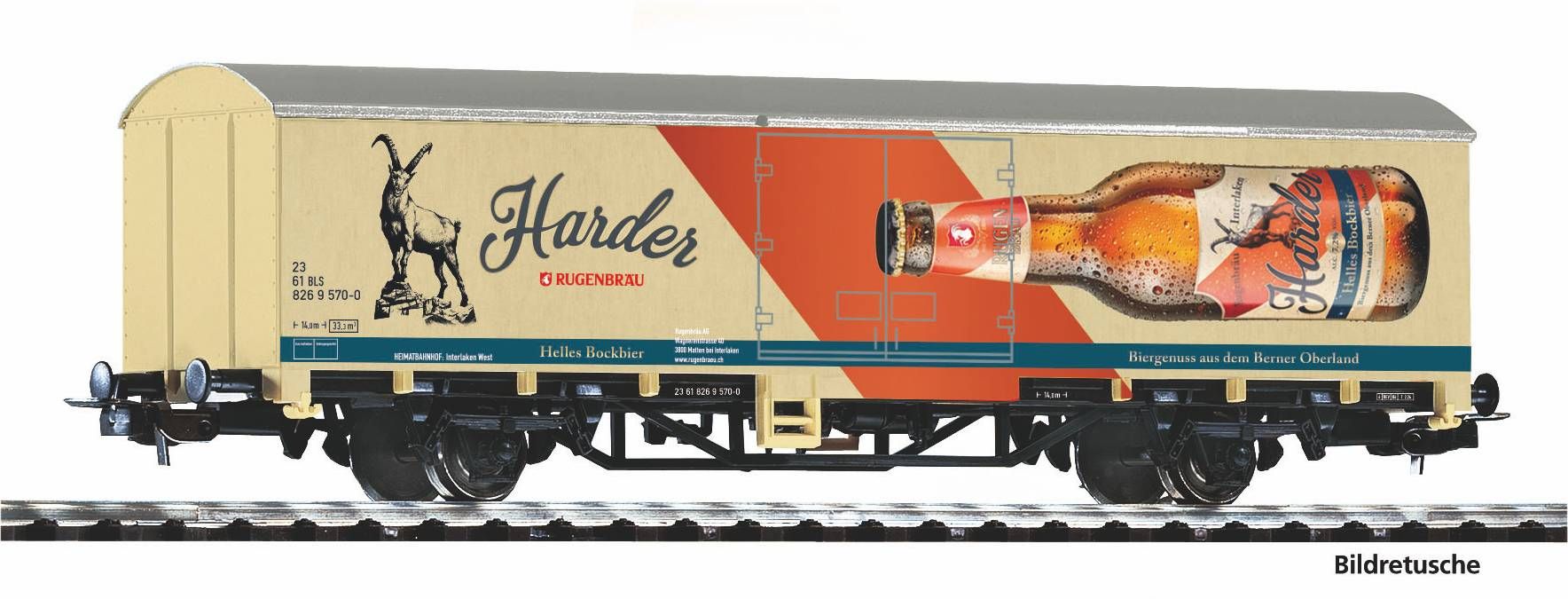 Piko H0 27727, BLS geschlossener Bierwargen "Rugenbräu Interlaken", Ep. VI, DC-Achsen