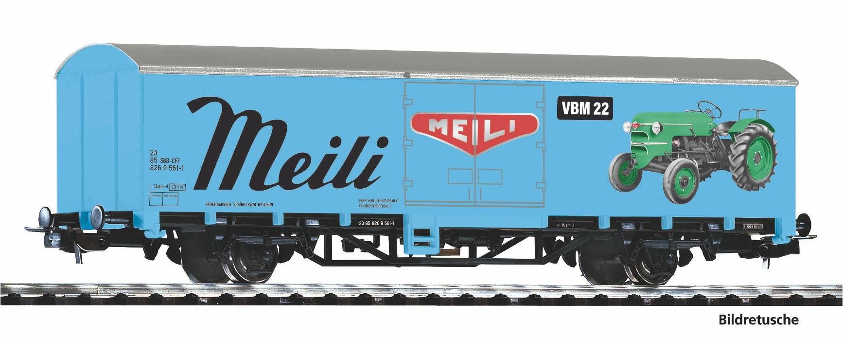 Piko H0 27728, SBB gedeckter Güterwagen "Starke Marken", "Meili Traktor", Ep. III, DC-Achsen
