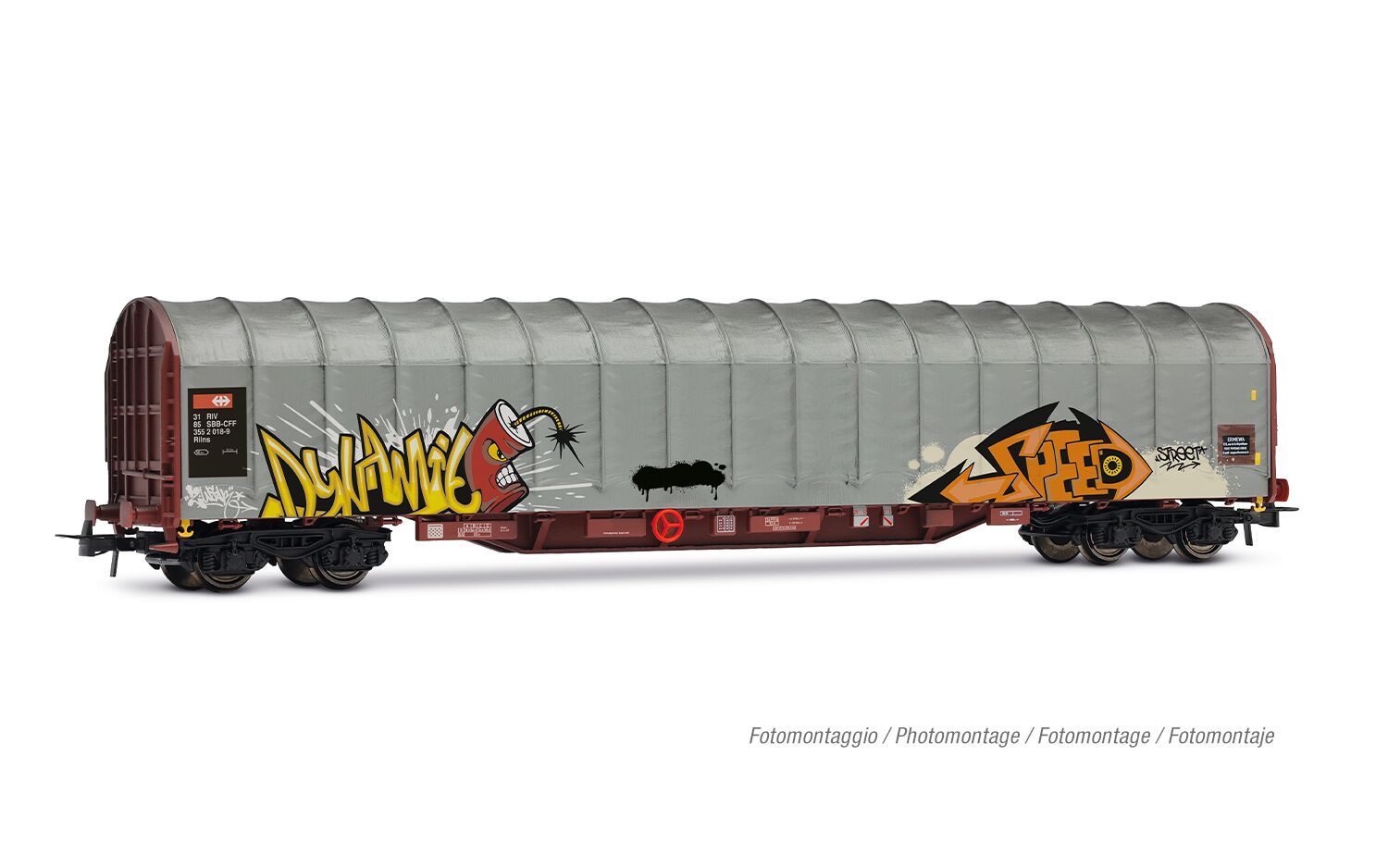 Rivarossi H0 HR6681, SBB 4-achsiger Schiebeplanenwagen Rils, grau mit Graffiti, Ep. V