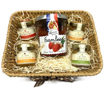 Präsentkorb mit 5 x Brotaufstrich dabei sind 4 Honig, 1 Konfitüre