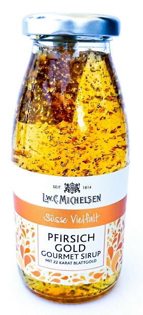 Pfirsich-Sirup mit 22 Karat Blattgold, Gourmet Gold Sirup  von LWC Michelsen 350g