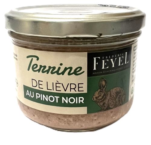 Hasenfleisch, Terrine de Lièvre  au Pinot Noir original aus dem Elsass 180g Glas Feyel