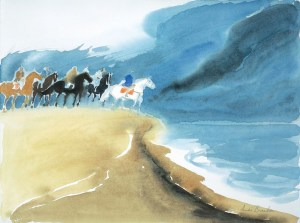 Cavaliers devant la mer.
