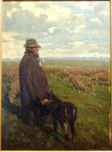 6i. Josef Emanuel Michel, 1887-1973, "Schäfer mit Hund", Öl/Malpappe, 51x37cm