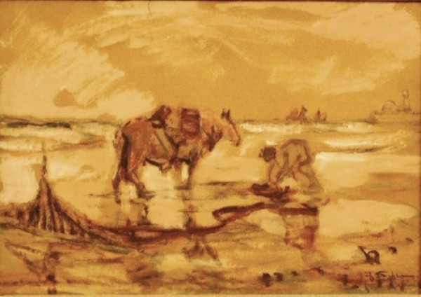 zr04.  Julius Seyler, 1873 - 1958, "Crevettenfischer", Öl/Papier, 27x37cm