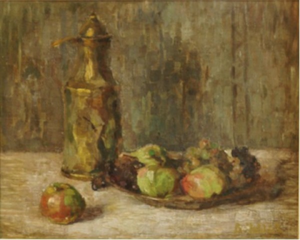 4e Betty Heldrich, 1869-1958, "Stilleben mit Krug und Früchten", Öl/Lwd., 37 x 46 cm