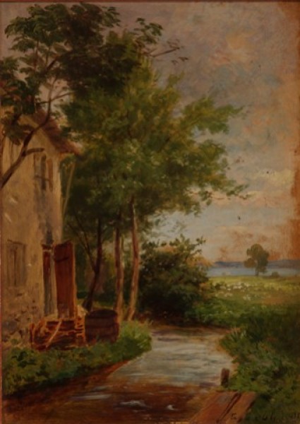 3h8  Ludwig Gebhardt, 1830-1908, "Verträumtes Haus", Öl/Ktn., 27 x 19 cm