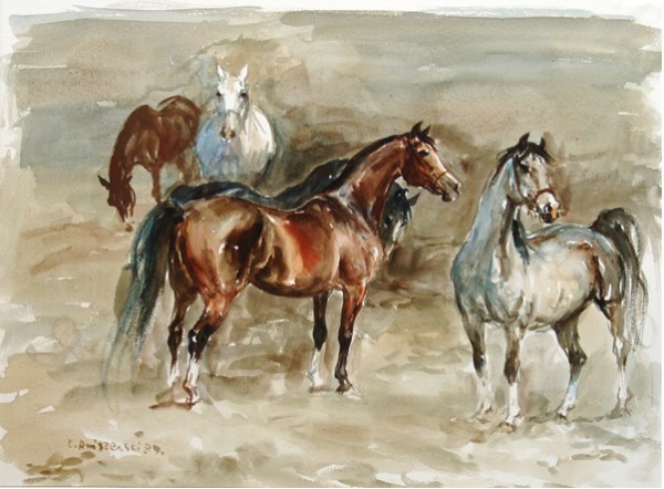 za8 Zenon Aniszewski *1948, "Auf der Koppel, 1989" , Aquarell, 48x60 cm
