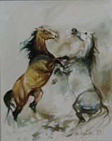 za5  Zenon Aniszewski *1948, "Steigende Hengste, 1989", Aquarell,  45x35 cm 