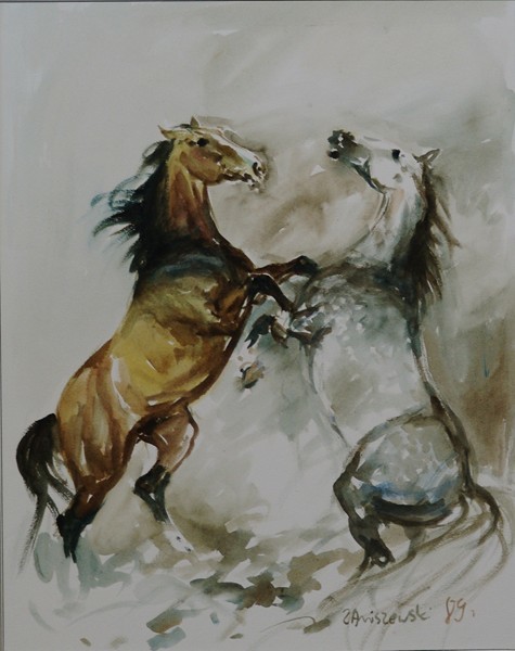 za5  Zenon Aniszewski *1948, "Steigende Hengste, 1989", Aquarell,  45x35 cm 