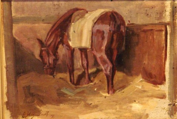 zh4    Emmanuel Hegenbarth, 1868-1923, "Pferd im Stall" Öl/Malpl., 15 x 21 cm