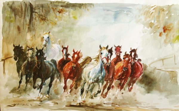 za3   Zenon Aniszewski, *1948, "Herde im Galopp", Aquarell 1990,  59 x 95 cm