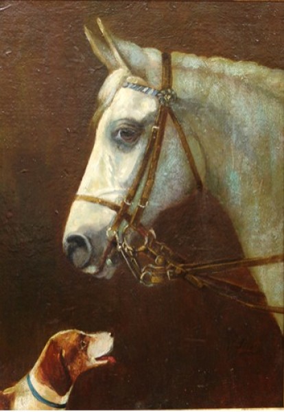 zs6   Vincent J.Stedry, Böhmen 1846 - USA 1930,  "Pferd mit Hund", Öl/Ktn., 48 x 34 cm