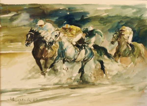 za0   Zenon Aniszewski, *1948, "Galopper In der Zielkurve" 1989, Aquarell,  33 x 45 cm